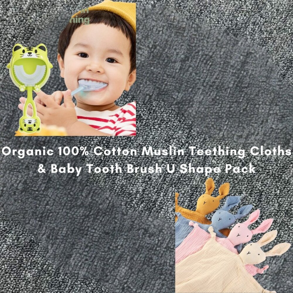 Organic 100% Cotton Muslin Teething Cloths & Baby Tooth Brush U Shape Pack1Combo
